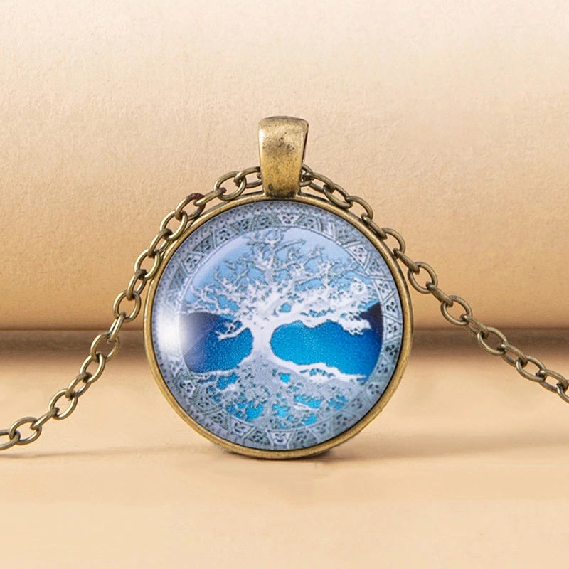 Blue Tree Of Life Glass Dome Cabochon Pendant Necklace