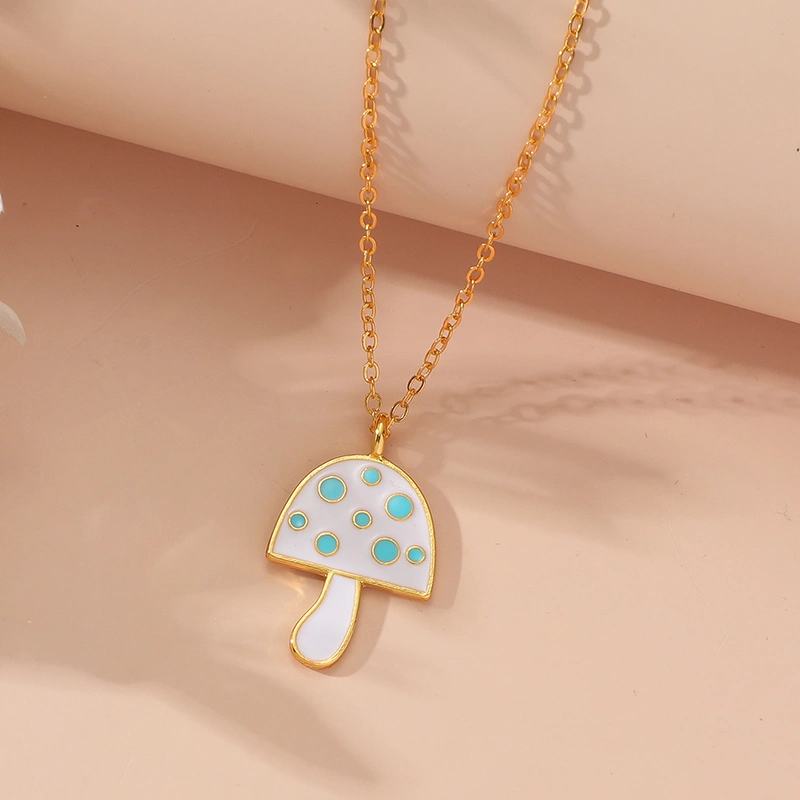 Enamel Blue Dot Mushroom Pendant Necklace For Women Girls