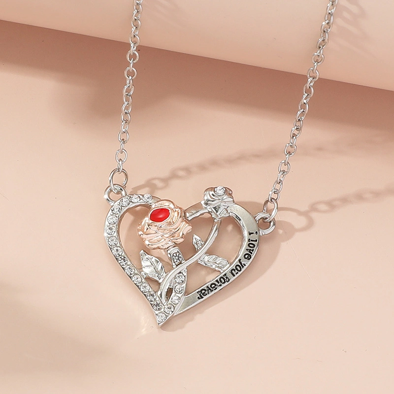I Love You Forever Rose Flower Heart Necklace For Women