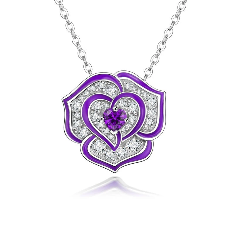 Red Purple Rhinestone Heart Rose Flower Pendant Necklace For Women