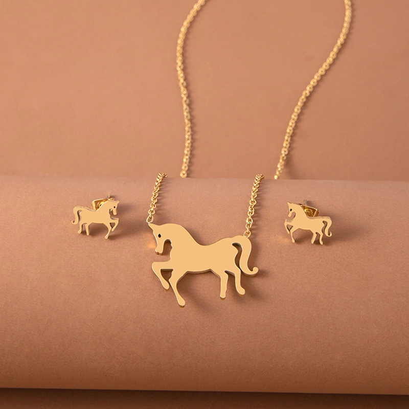 Stainless Steel Gold Silver Unicorn Horse Necklace Earrings Jewelry Set