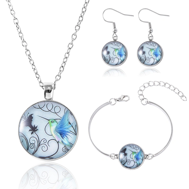 Vintage Blue Hummingbird Jewelry Set Handmade Animal Picture Glass Necklace Bracelet Earrings For Women