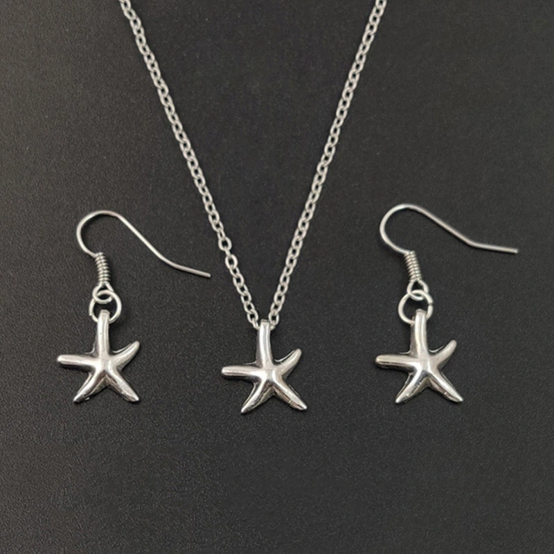 Cute Little Starfish Pendant Necklace Earrings For Women Girls Fashion Silver Sea Star Pentagram Charms Jewelry Set