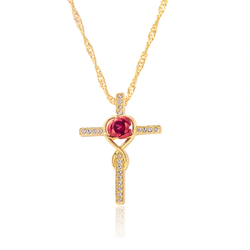 Fashion Rose Flower Cross Necklace Gold Crystal Infinity Anka Pendant Necklaces For Women Religious Jewelry