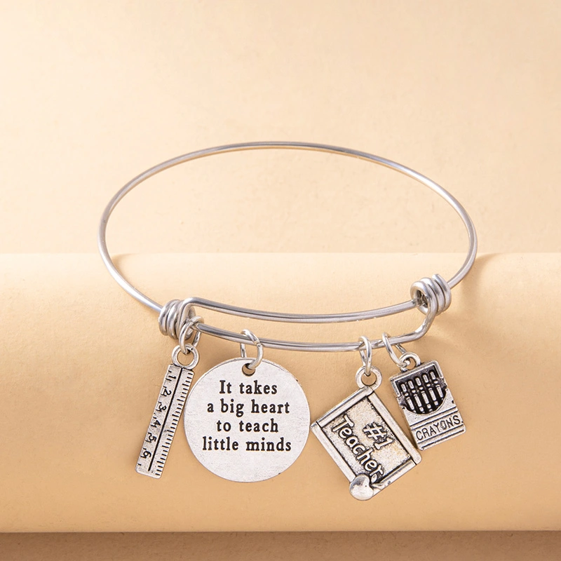 Creative Silver Ruler Crayons Charms Inspirational Bracelet Vintage Stainless Steel Adjustable Bangle Teacher's Day Gift