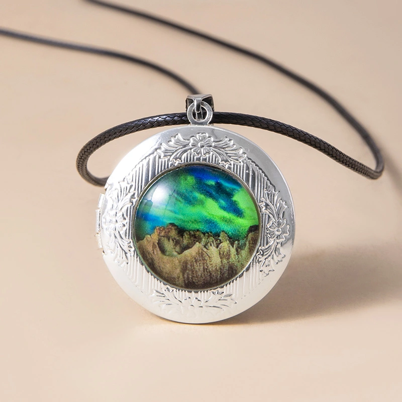 Nebula Aurora Mountain Locket Necklace Vintage Glass Photo Frame Pendant Necklaces