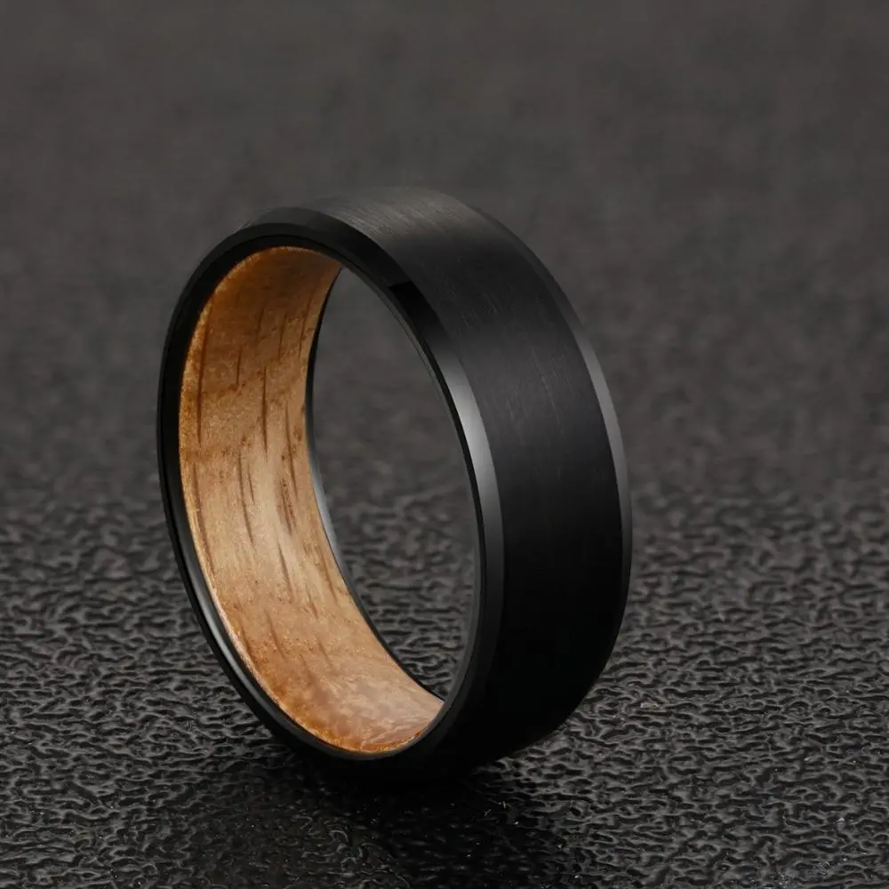 Electric Black Chamfered Tungsten Steel Wine Barrel Wood Ring