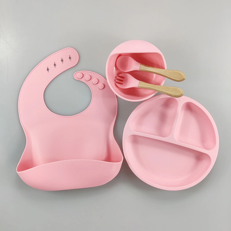 Children's Silicone Bib Compartment Plate Five-piece Set Baby Food Supplement Training Snack Catcher Baby Tableware Set