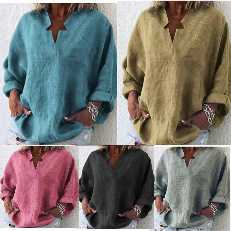 Solid Color Cotton Linen Large Size Long Sleeve Pullover Urban