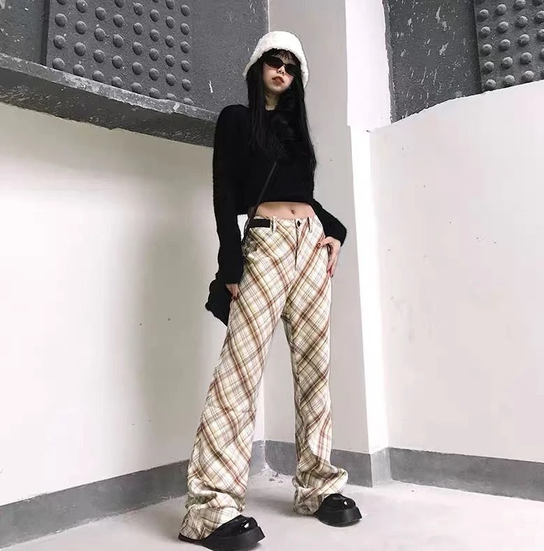 American Retro Flared High Waist Plaid Pants