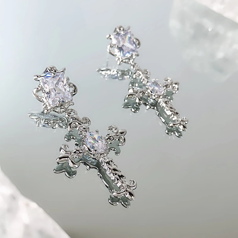 Frosty Silver Needle Zircon Cross Earrings