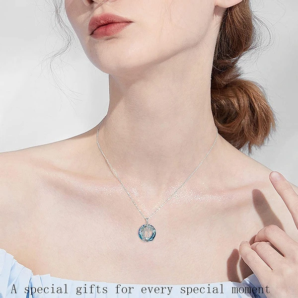 New Tree Of Life Initial Necklace Round Blue Austrian Crystal