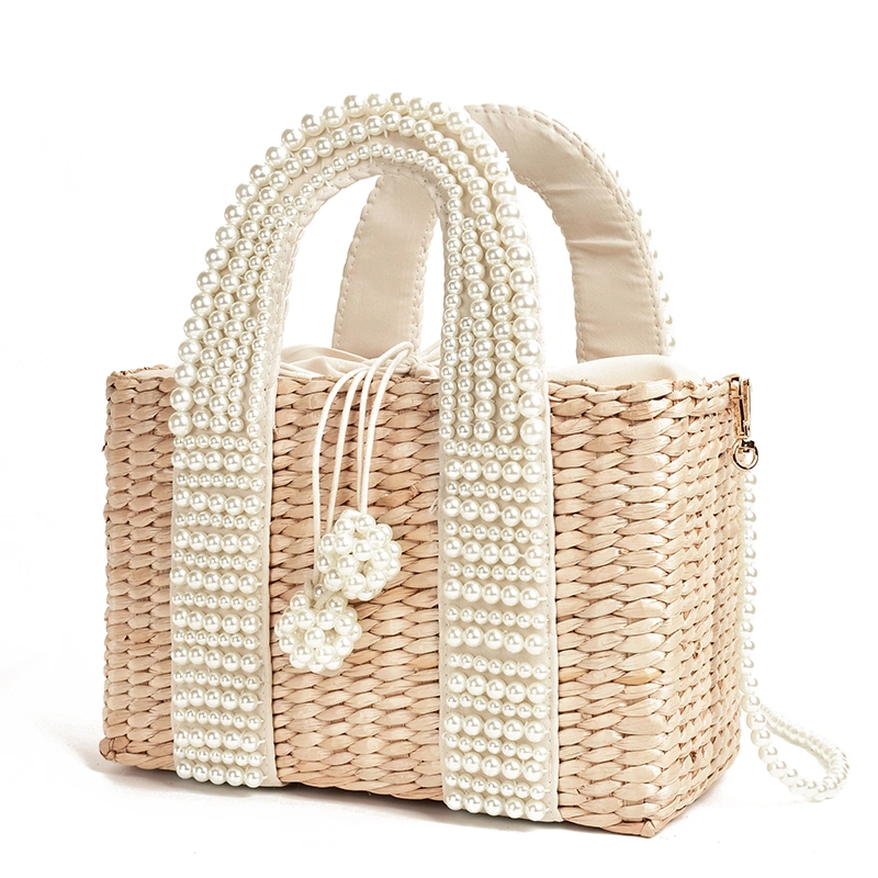 Diagonal hand pearl straw woven bag