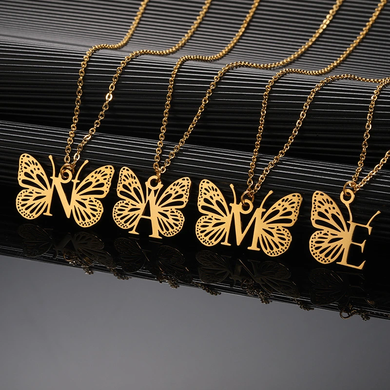 New Personality Niche Design Stainless Steel Butterfly 26 Letter Necklace