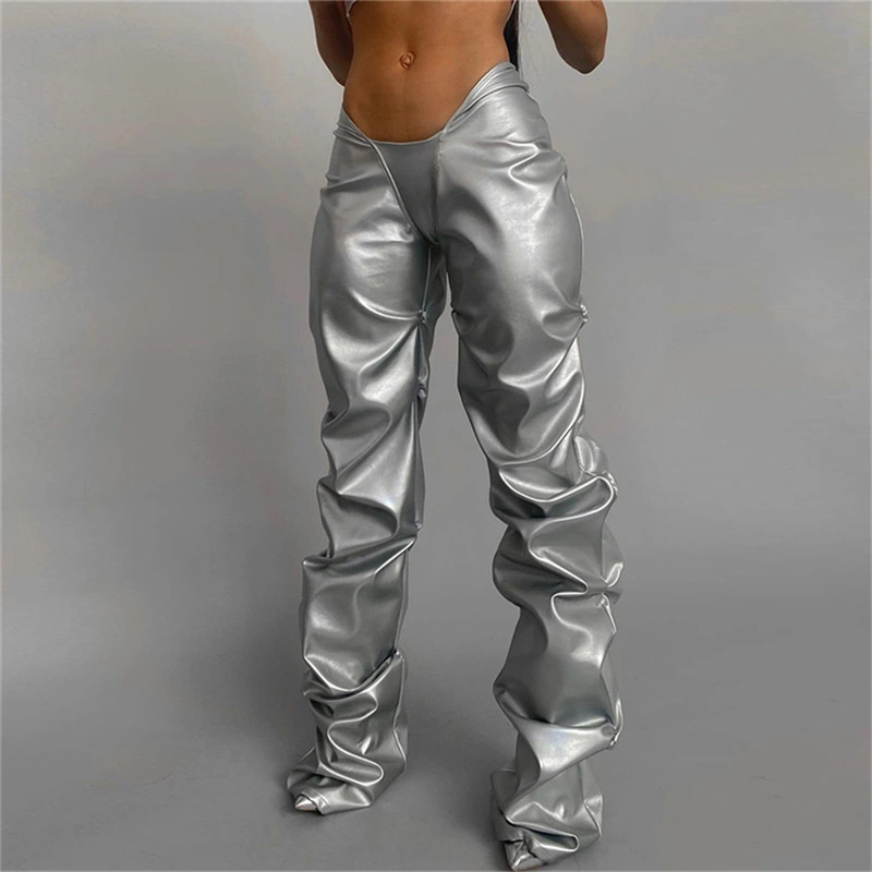 Wrinkled PU Leather Low Waist Street Casual Trousers