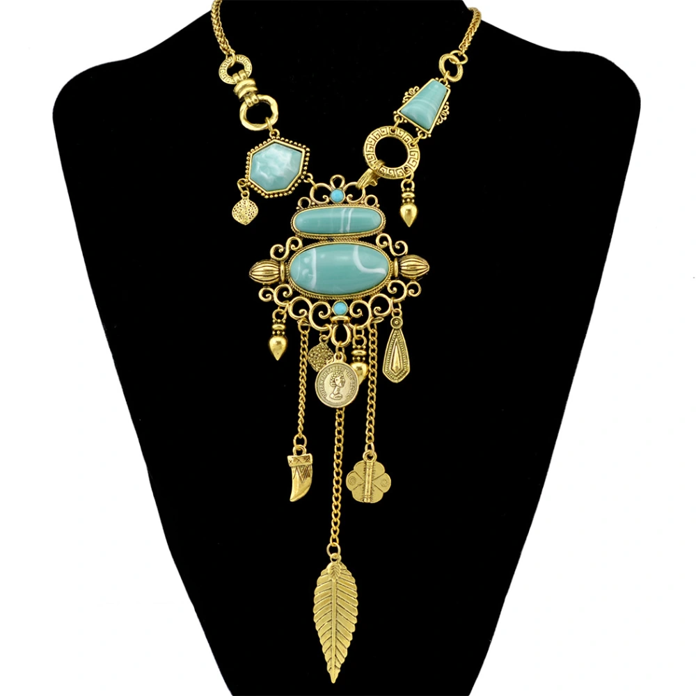 Openwork Pattern Turquoise Alloy Large Stone Necklace