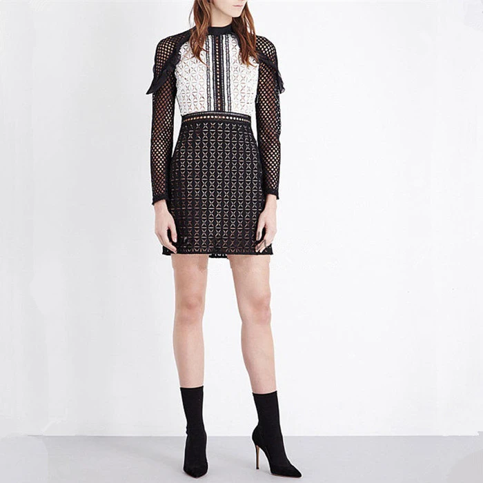 Women's Black And White Plaid Lace And Fungus Slim Fit Dress