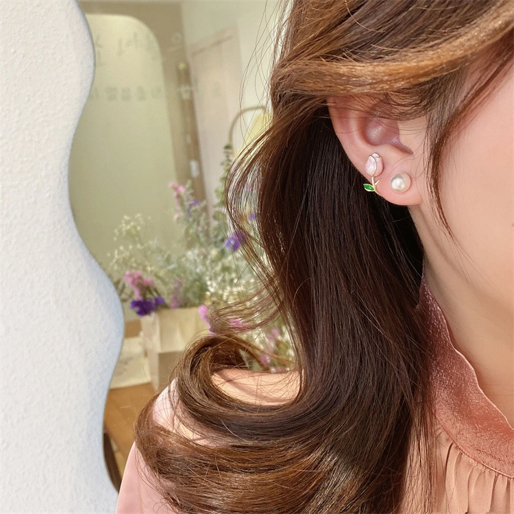 S925 Silver Needle Tulip Pearl Stud Earrings