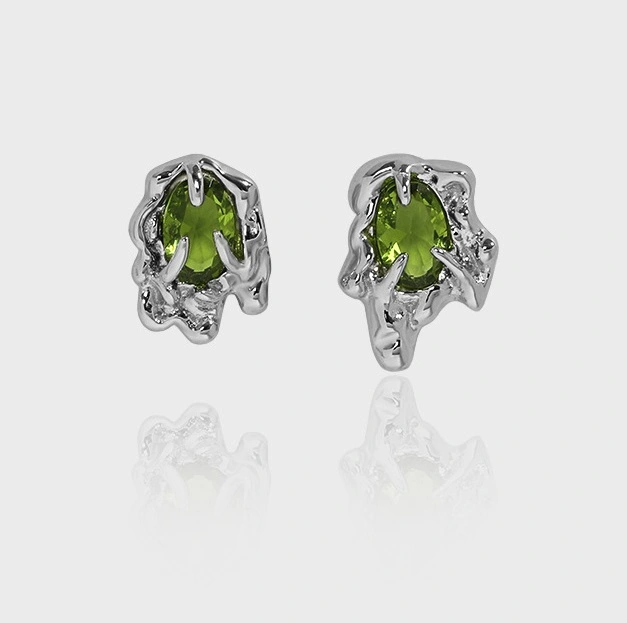 Women's Olive Green Lava Zircon Asymmetric Stud Earrings