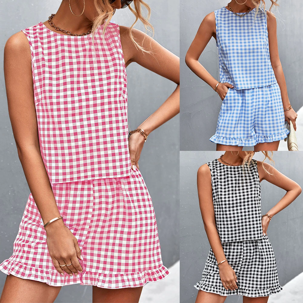 New Independent Station WISH Hot Sale Black And White Plaid Casual Sleeveless Shorts Suit For Women