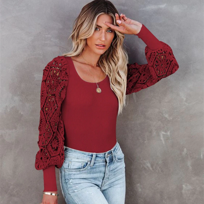 Women's Lantern Sleeve Cutout Lace Long Sleeve Top