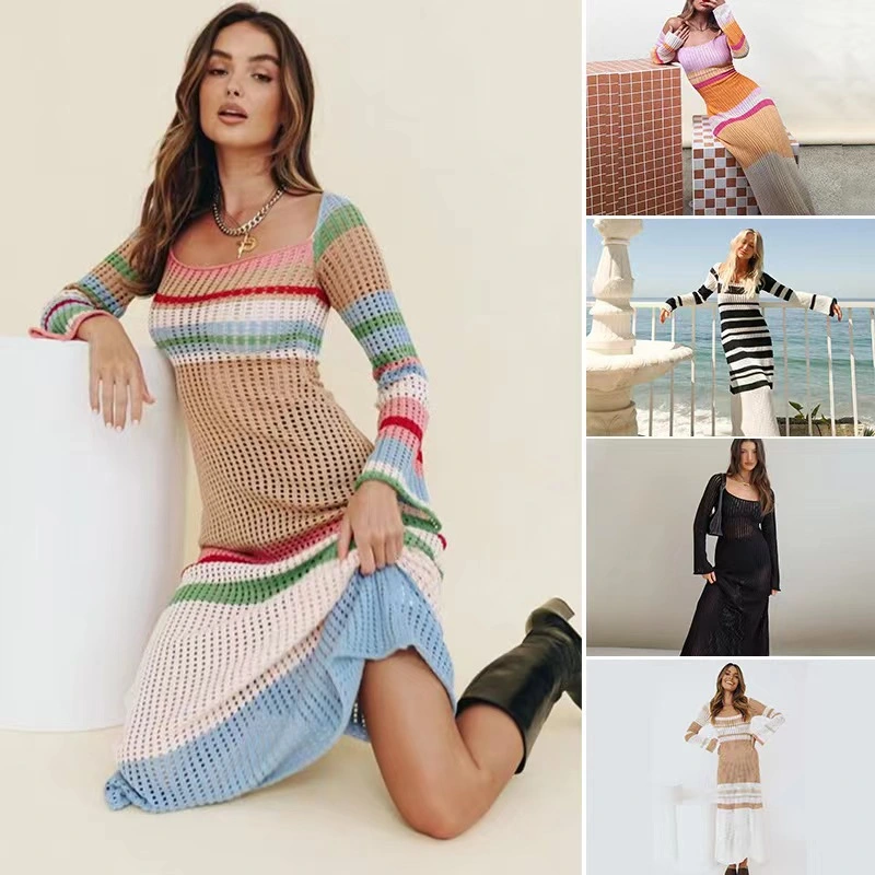 Multicolor Contrast Cutout Long Sleeve Knit Dress