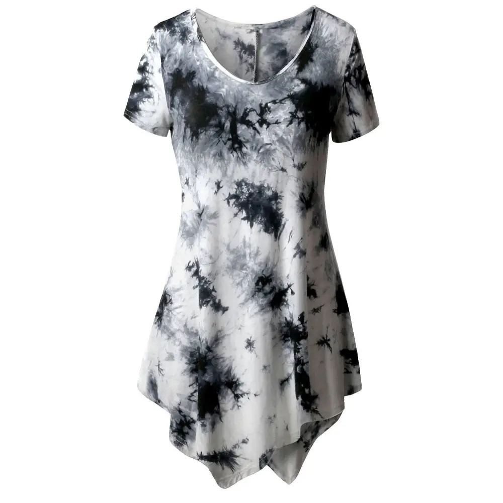 Round Neck T-shirt Tie-dyed Printed Irregular Hem Top