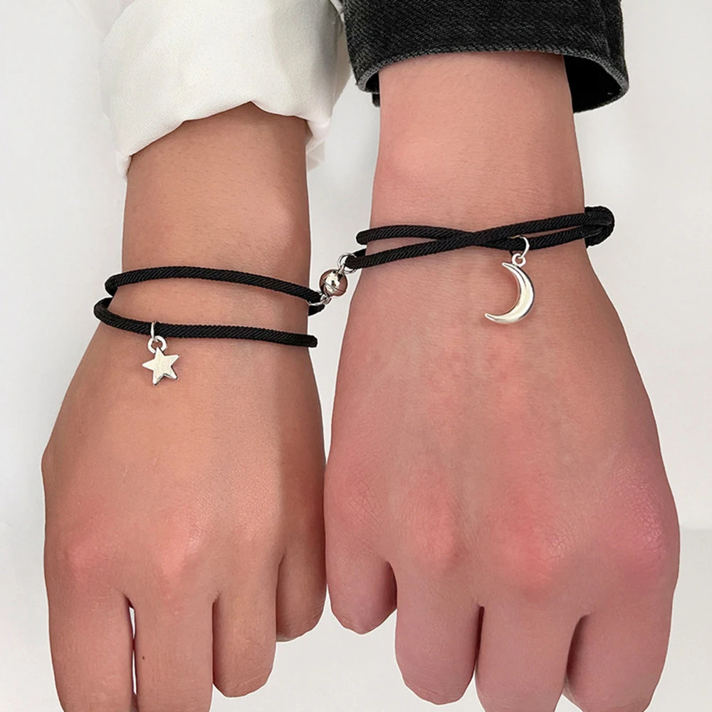 Simple Star And Moon Magnet Attract Couple Bracelet