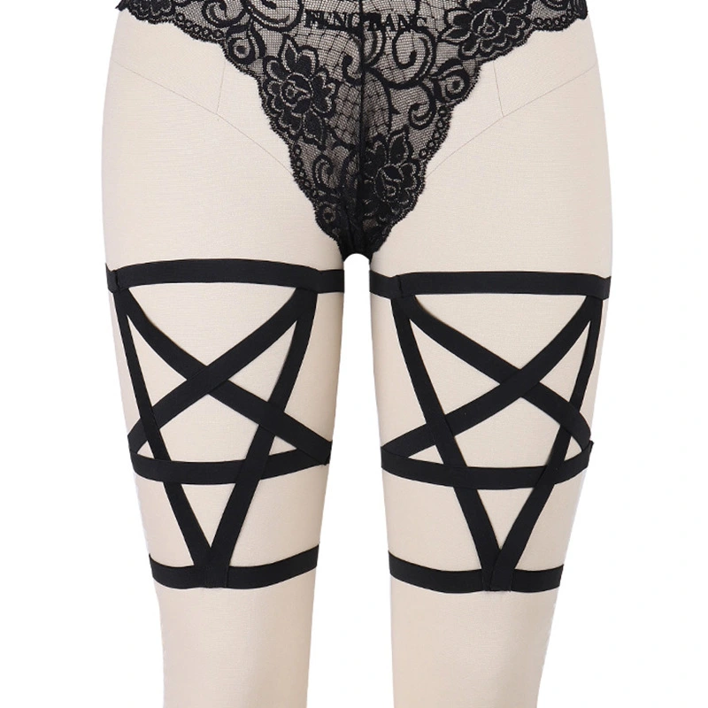 Black Ladies Strap Leg Ring Pentagram Cross