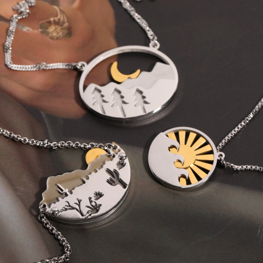 Landscape Necklace Steel Color Forest Moon Mountains