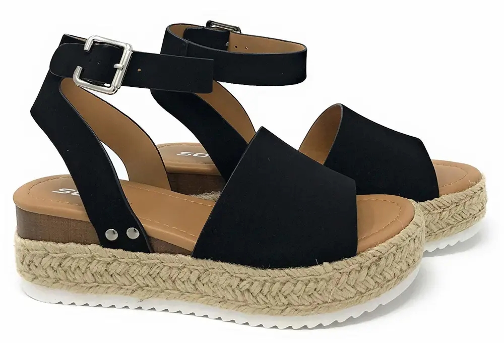 Soda Topic Open Toe Buckle Ankle Strap Espadrilles Flatform Wedge Casual Sandal BLACK 10