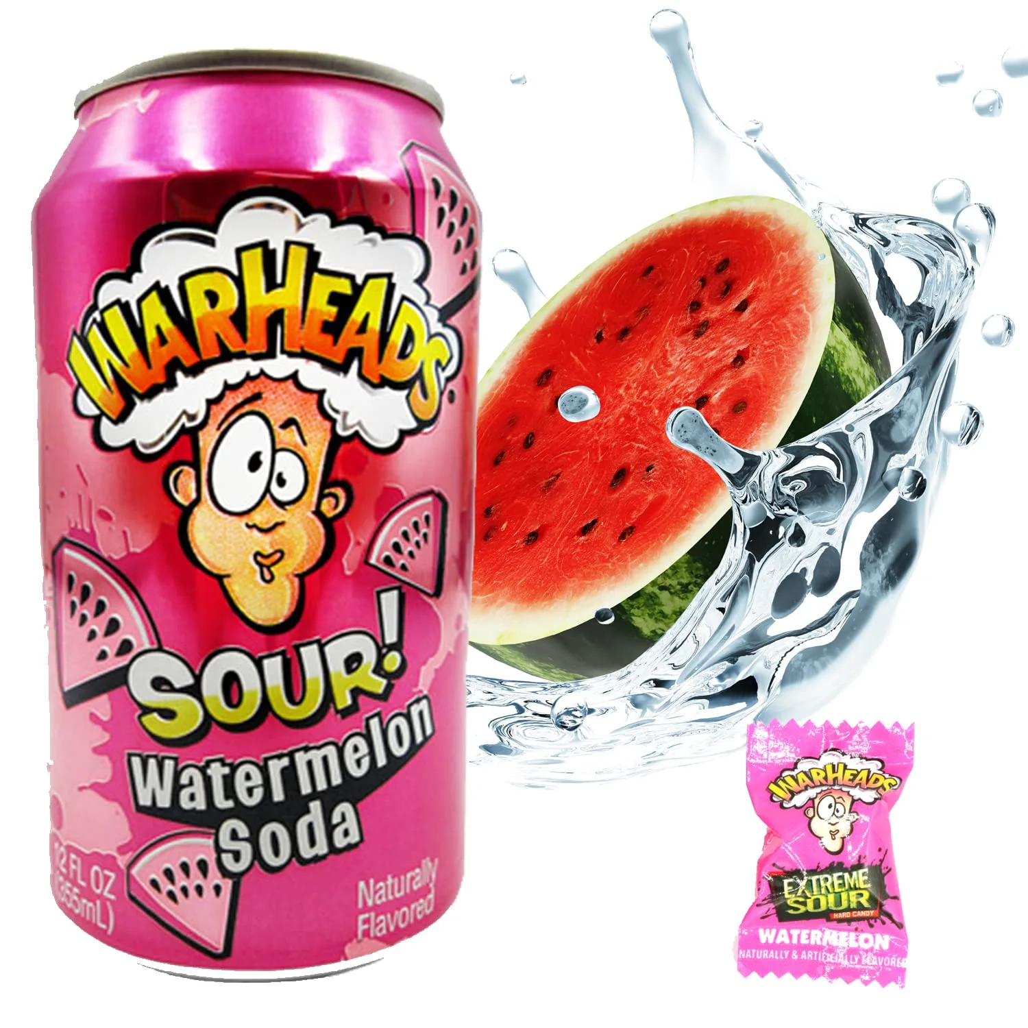 Snack Hut Warheads Sour Soda Pop Variety Pack, Five - 12 oz. Cans Warheads Extreme Sour Candy - Blue Raspberry, Black Cherry, Lemon, Green Apple, Watermelon and 5 Pieces of War Heads Candy