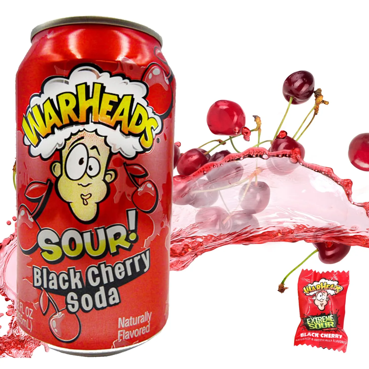 Snack Hut Warheads Sour Soda Pop Variety Pack, Five - 12 oz. Cans Warheads Extreme Sour Candy - Blue Raspberry, Black Cherry, Lemon, Green Apple, Watermelon and 5 Pieces of War Heads Candy