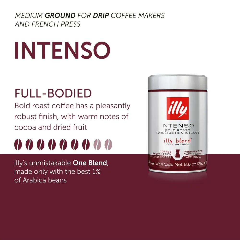 Illy Intenso Ground Drip Coffee, Bold Roast, Intense, Robust And Full Flavored With Notes Of Deep Cocoa, 100% Arabica Coffee, No Preservatives, 8.8oz (Pack Of 1)