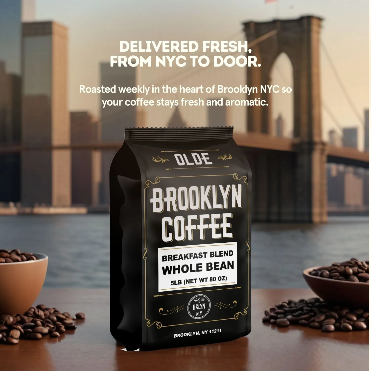 BROOKLYN COFFEE Whole Bean, Breakfast Blend Light Medium Roast (5lb) Delicate, Smooth, Low Acidity - Fresh Bulk Coffee Beans Roasted Weekly in NYC