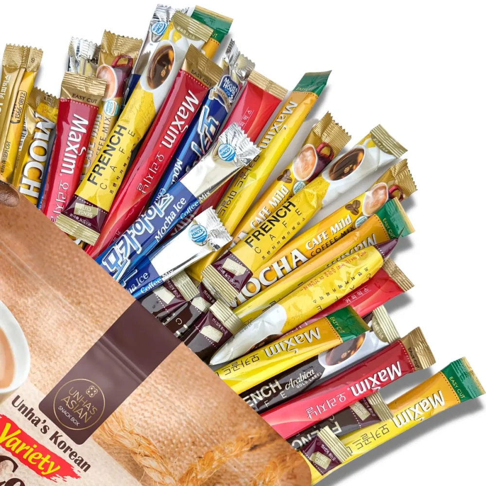 Instant Coffee Mix Packets Single Serve - Korean Variety Coffee Sampler 30 Sticks of 6 Different Flavors, Maxim Mocha, White Mocha, Original Maxim French Café (Variety 30 Pack)