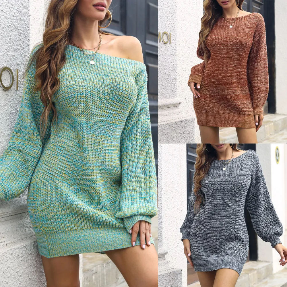 Women's One-Line Neck Casual Loose Sweater Dress