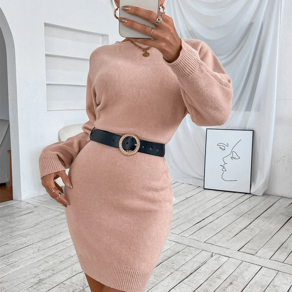 Women's Fashion Solid Color Crew Neck Sweater Dress