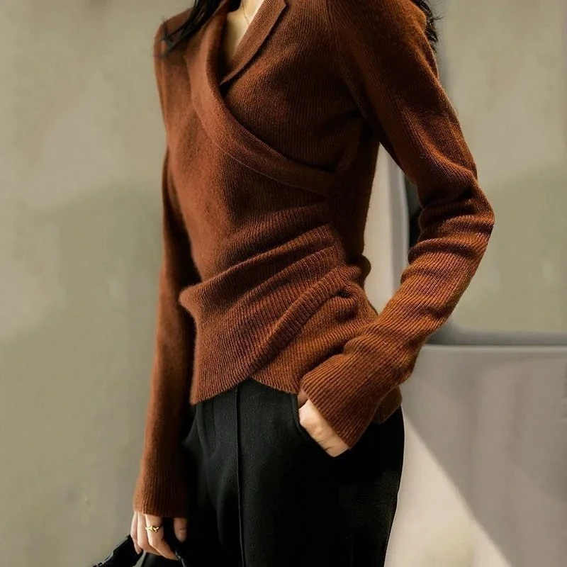 Women's French Retro Long Sleeve V Neck Knitted Sweater