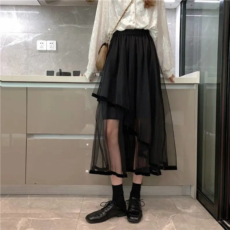 Cake Mesh Skirt With Irregular Stitching Mid-length