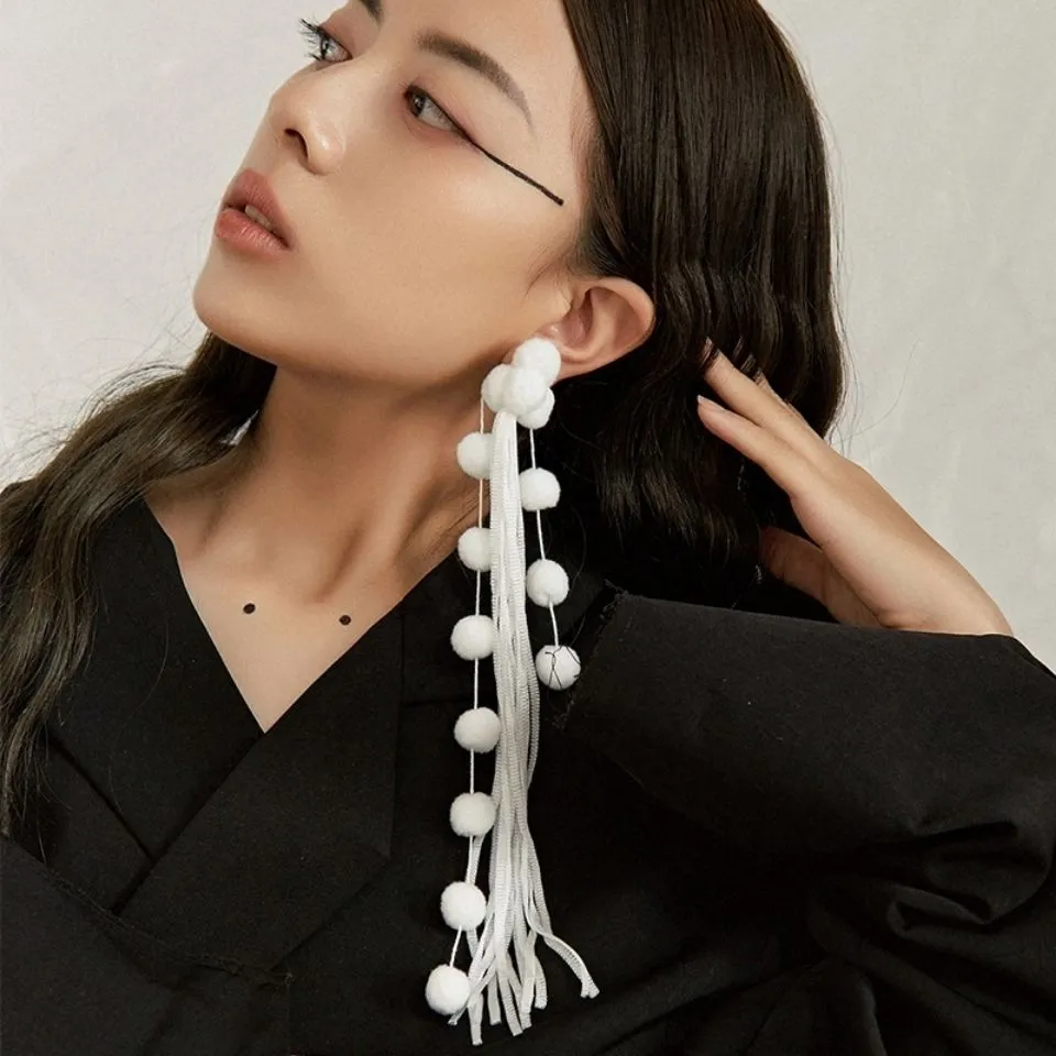 Black And White Hairball Ball Exaggerated Long Tassel Sterling Silver Earrings