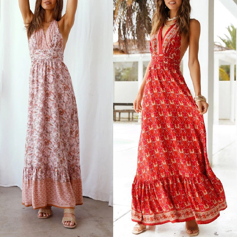 Slit Halter Strap Holiday Print Dress