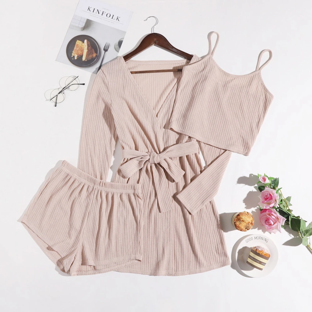 Lady Temperament Casual Solid Color 3-piece Set Suspender Shorts Homewear Suit