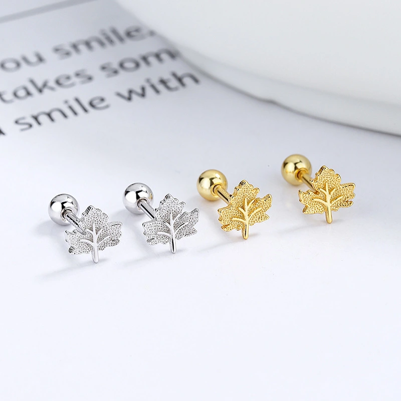 Maple Leaf Thread Stud Earrings Women's 925 Sterling Silver Romantic