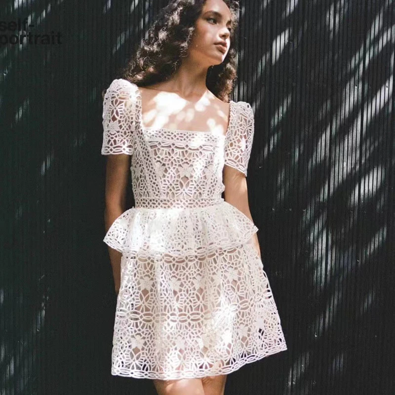 Temperament Pattern Water Soluble Lace Skirt Hollow Short-sleeved Dress