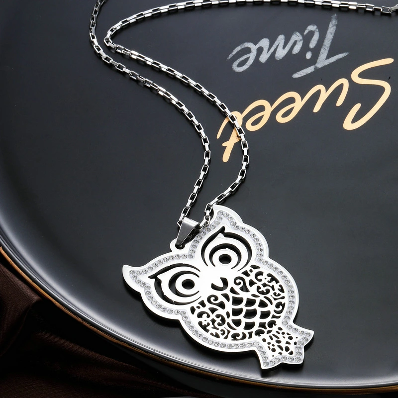 Women's Stainless Steel Set Zircon Owl Pendant Necklace