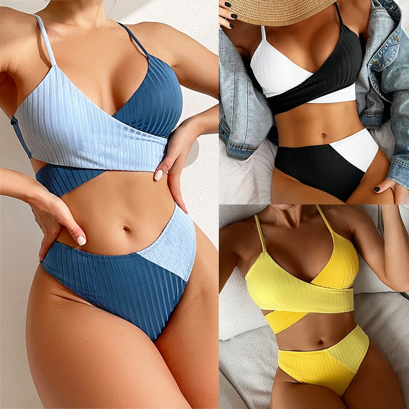 Color-blocked Thick Pit Strip Cross-tie Swimsuit