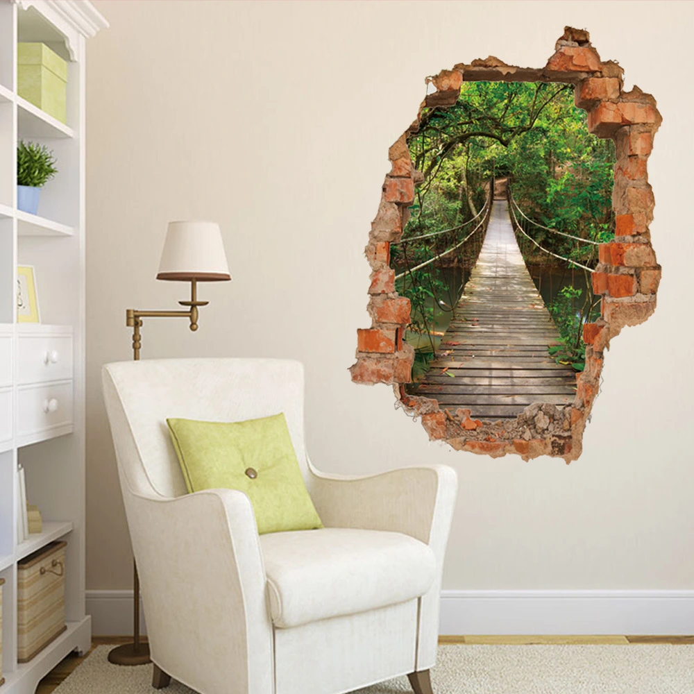 Broken Wall Hanging Bridge Forest 3d Sticker