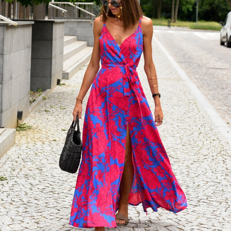 V-neck Slit Floral Print Slip Dress