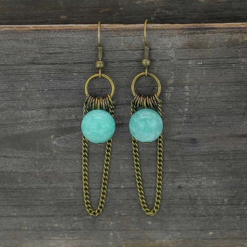 Round Beaded Bronze Chain Earrings Boho